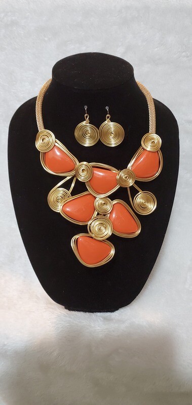 Orange Stoney Age Necklace/Earring Set