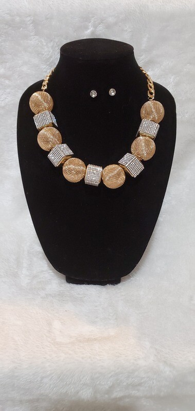 Gold and Rhinstone Circle Square Necklace