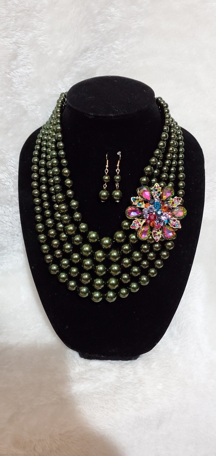 Army Green Crystal Floral Necklace Earring Set