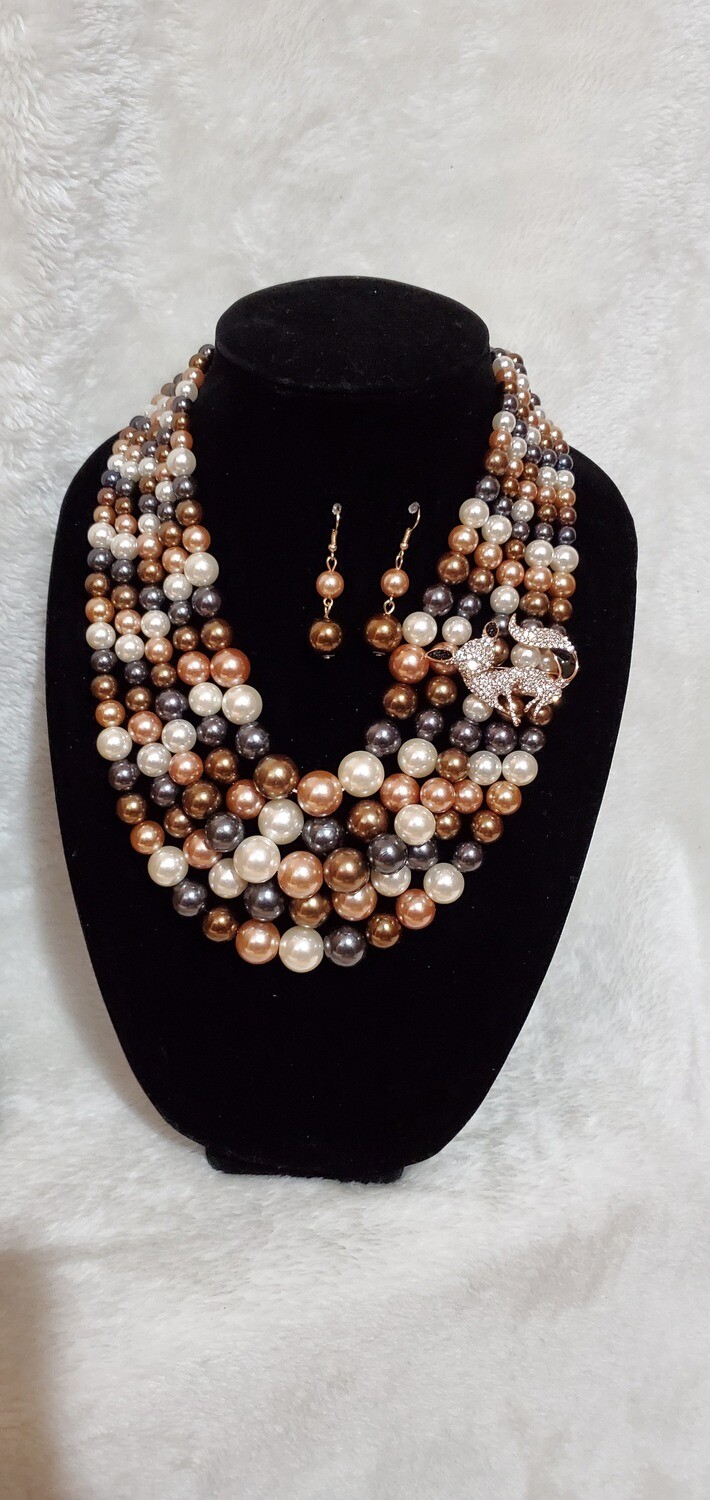 Beaded Necklace Multi Color Gold/ Earring Set