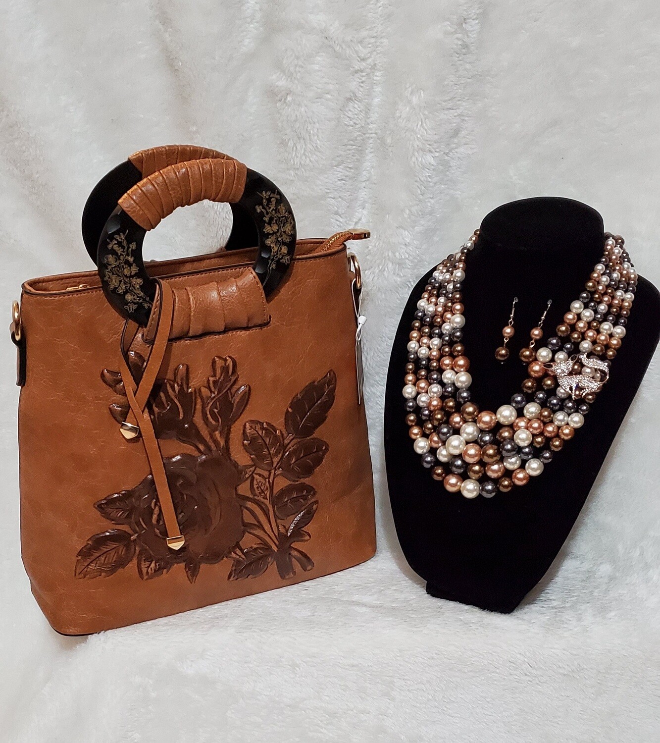 Carmel Brown Floral Handbag/Crossbody with Foxy Brown Beaded Pearl Necklace Earring Set