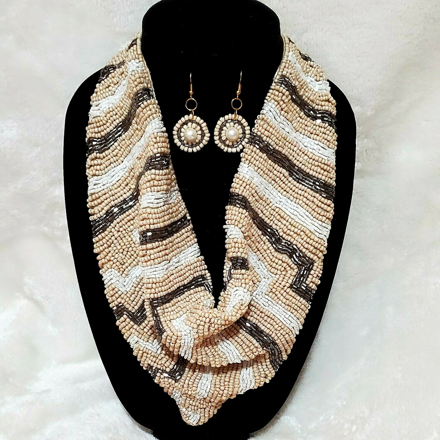 Scarf Tie Bead Necklace Set Gold/Ivory