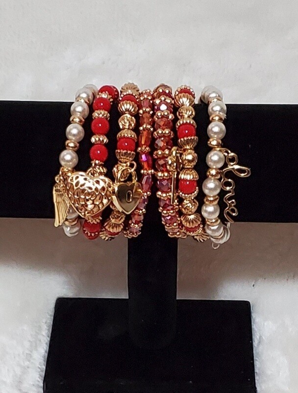 Gold/Red Bead 6 Piece Bracelet