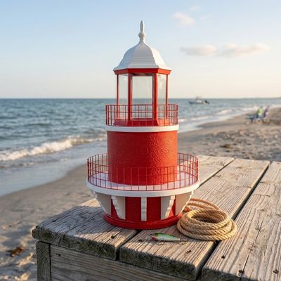 red and white lighthouse top assembly