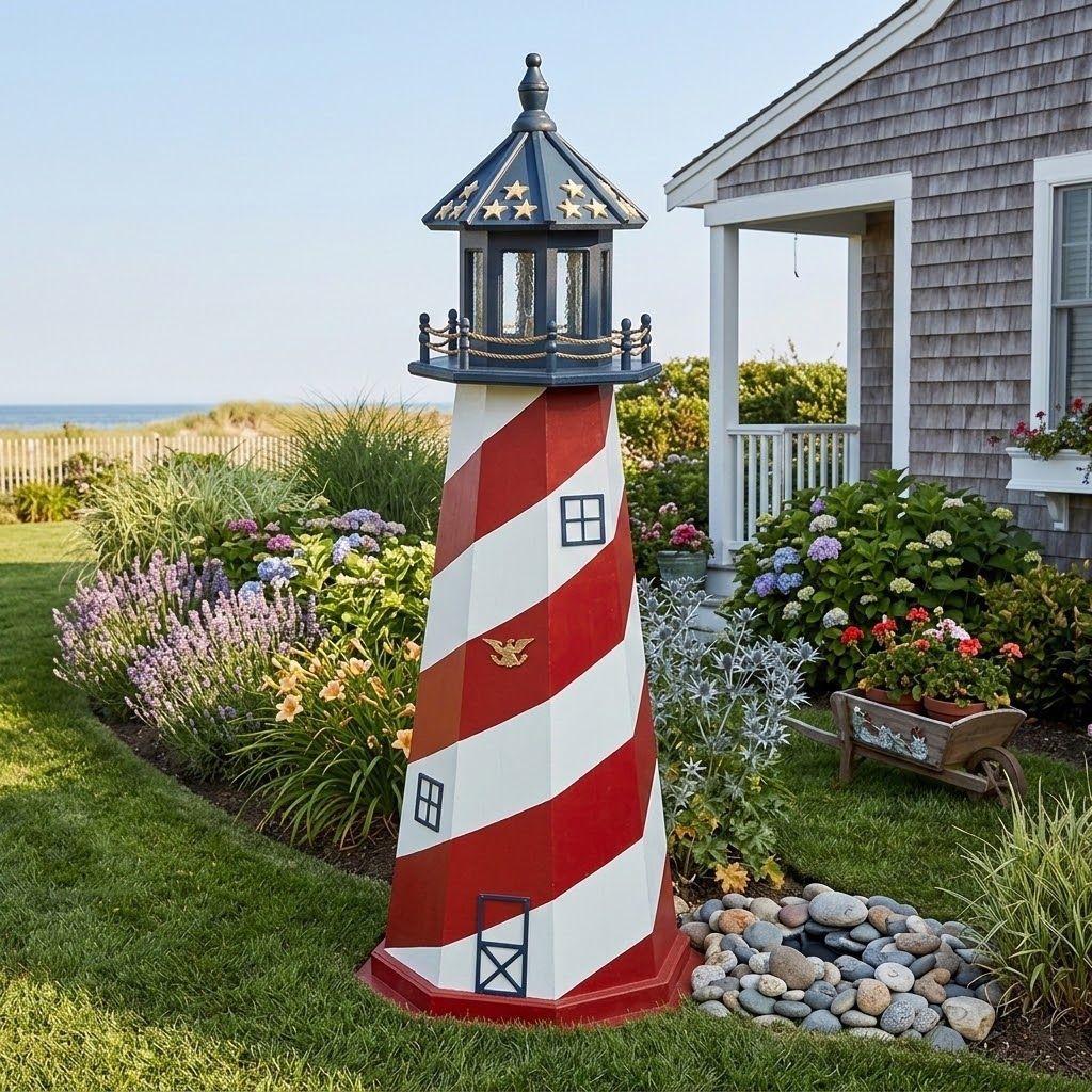 Wooden Patriotic Lawn Lighthouse
