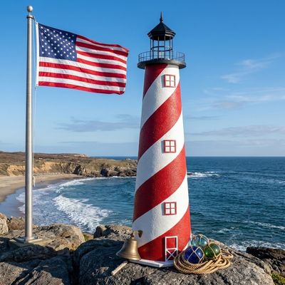 Patriotic lawn lighthouse next to American flag