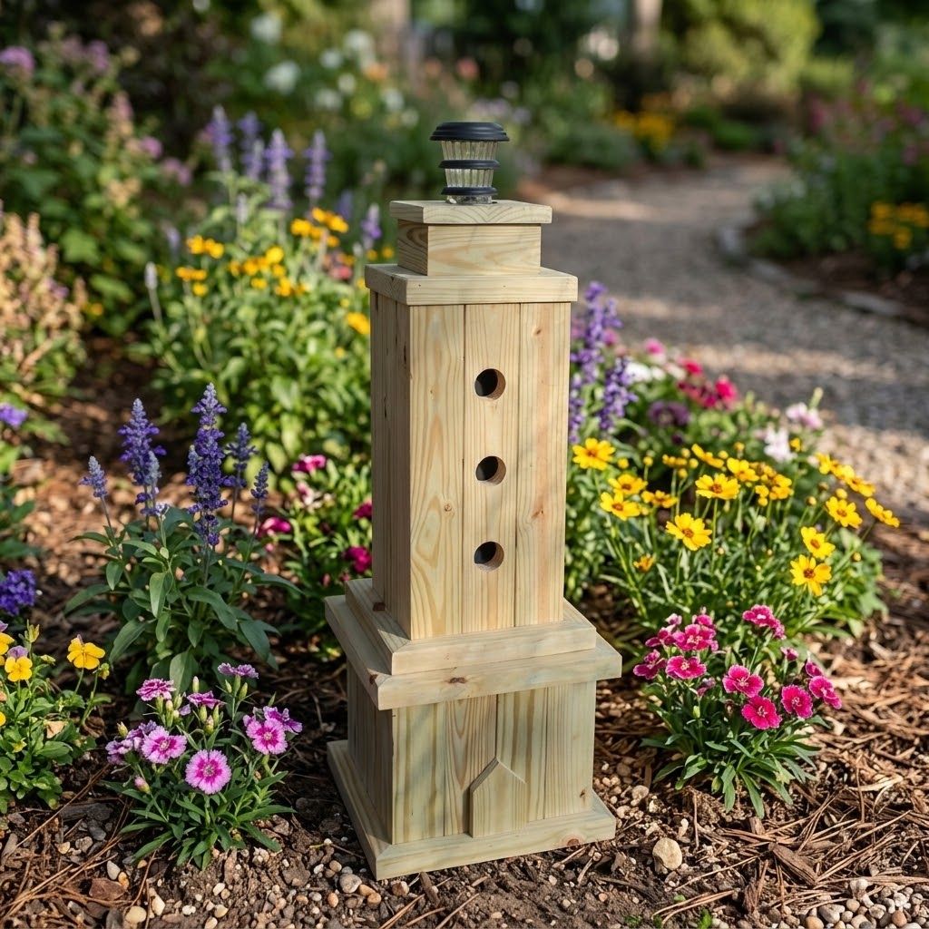 A 4 ft. tall wooden lighthouse made out of treated lumber