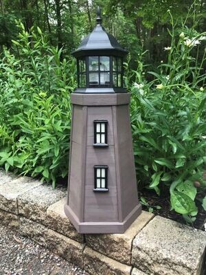 A small, 2 ft. tall brown lighthouse