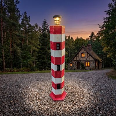 A red and white striped woodworking lighthouse project