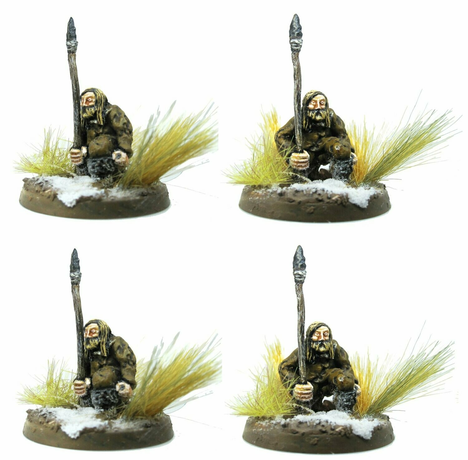 Prehistoric Settlement Cavemen Hunters with flint spear crouching x 4