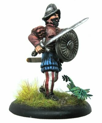 Swordsman wearing morion helmet with shield