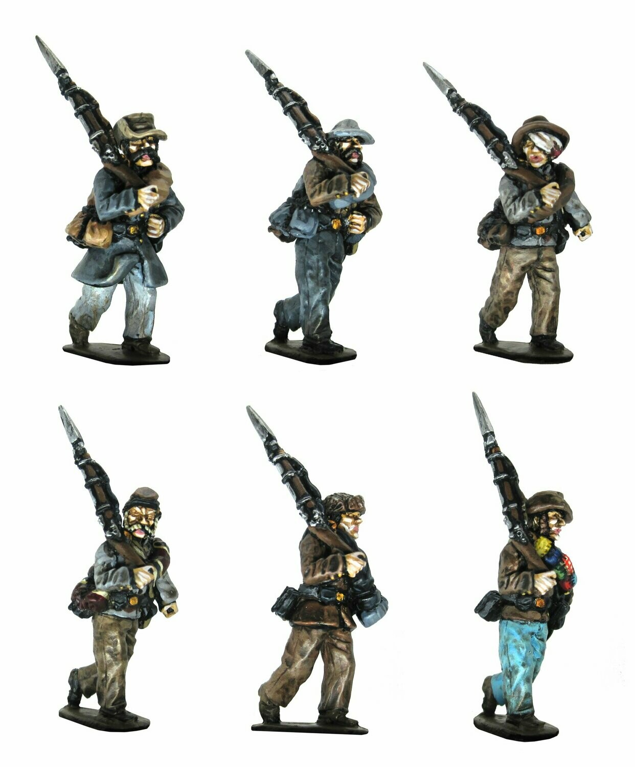 Confederates with blanket rolls doubling/ right shoulder shift