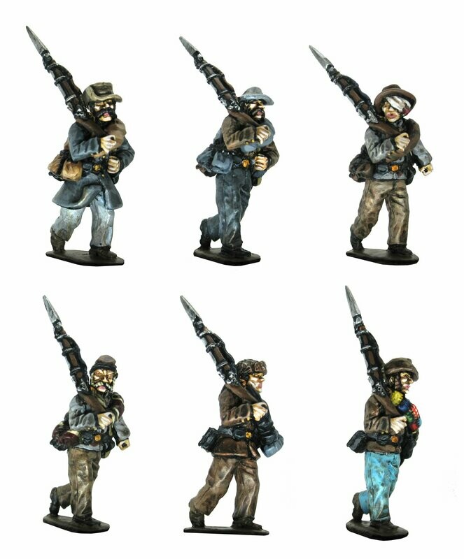 Confederates with blanket rolls doubling/ right shoulder shift