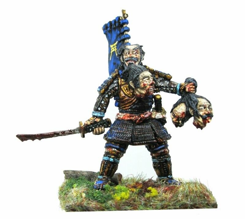Samurai hero holding severed heads
