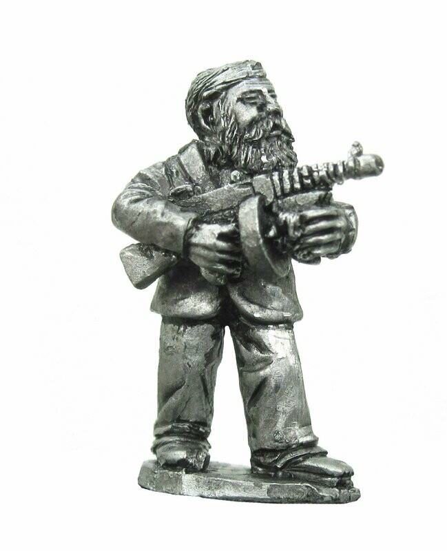 ​28mm Fantasy Gangster Dwarf  standing firing a Thompson Machine Gun.