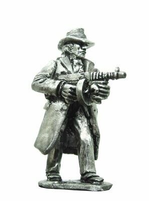 28mm Fantasy Gangster Elf wearing fedora and long coat, firing a Thompson Machine Gun.