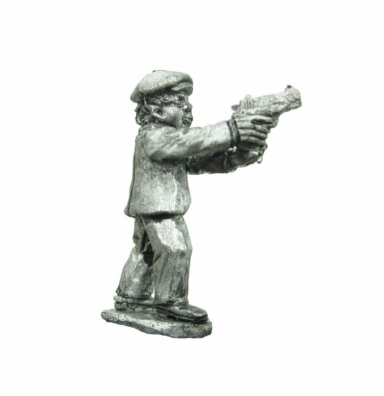 28mm Fantasy Gangster Halfling aiming .45 auto.