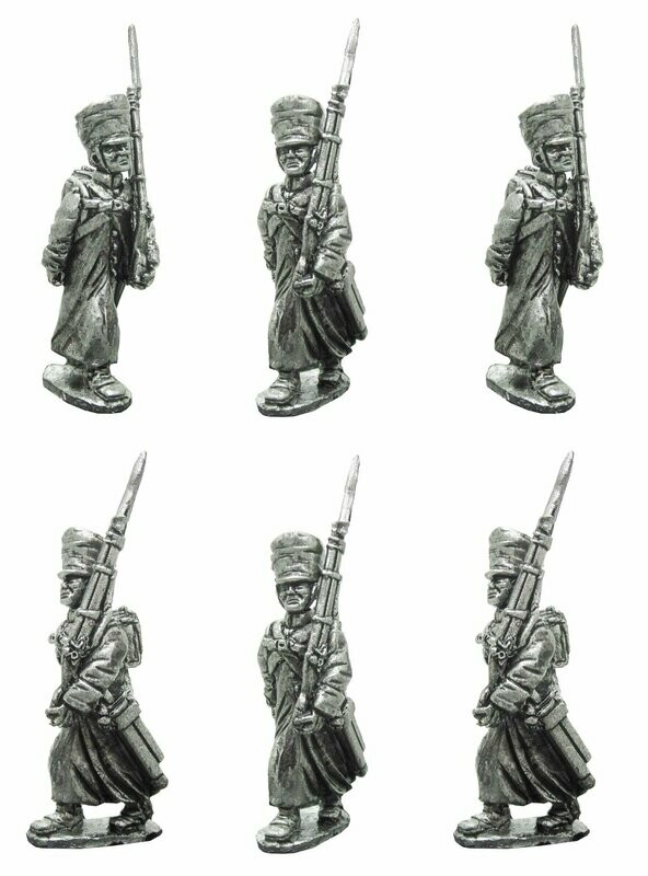 Russian Napoleonic Musketeers/Jagers in greatcoats marching covered shakos 28mm