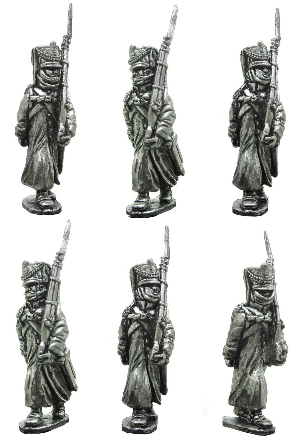 Russian musketeers/jagers wearing greatcoats, 1809 shakos and scarves