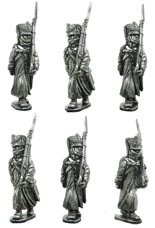 Russian musketeers/jagers wearing greatcoats, 1809 shakos and scarves