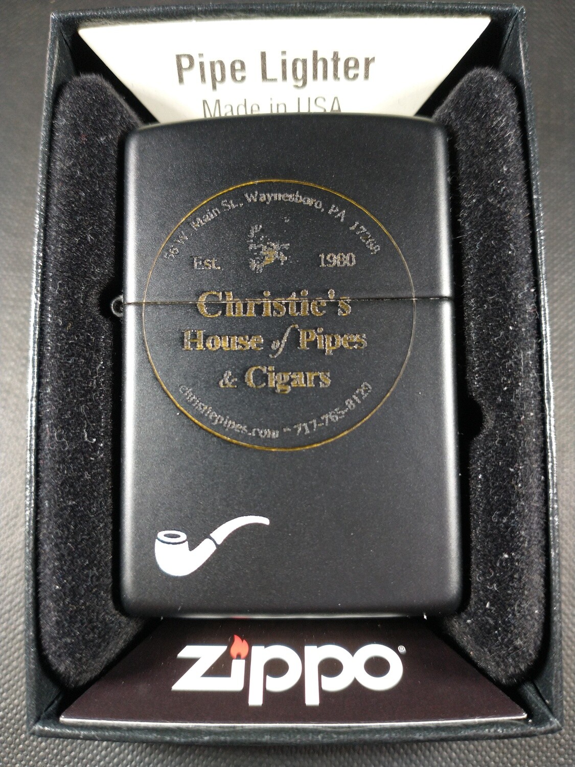 Zippo Pipe Black Matte Lighter w/ Christie's Logo