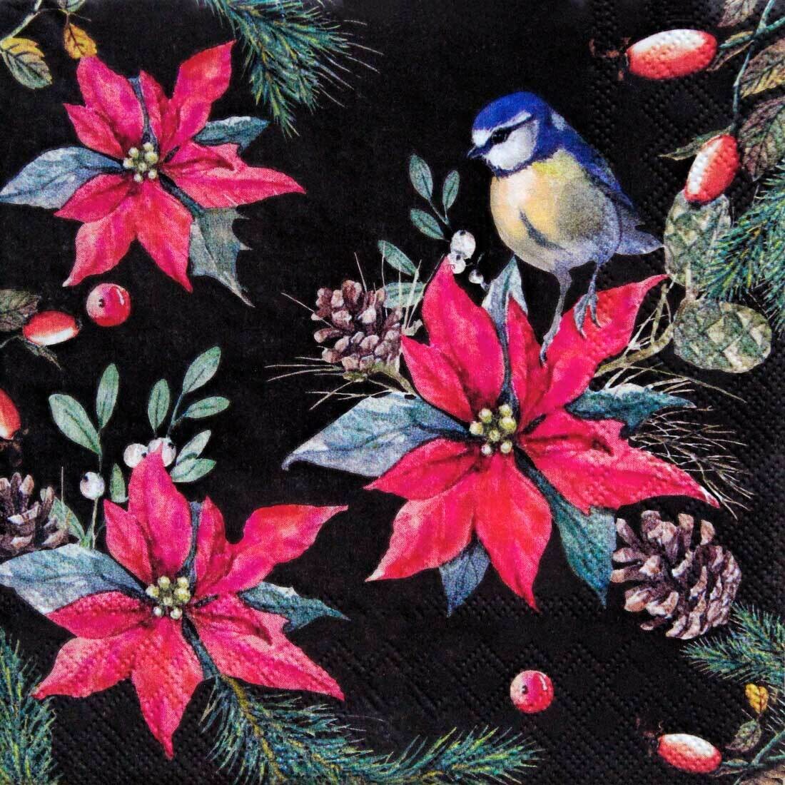 Decoupage Paper Napkins - Bird - Bird On Poinsettia Black (1 Sheet) Out of stock