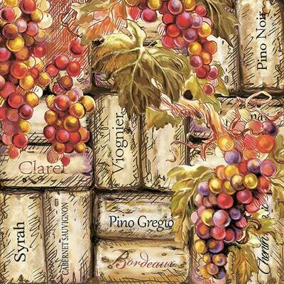Decoupage Paper Napkins - Food & Drinks - Grapes and Corks 13x13 (1 Sheet)