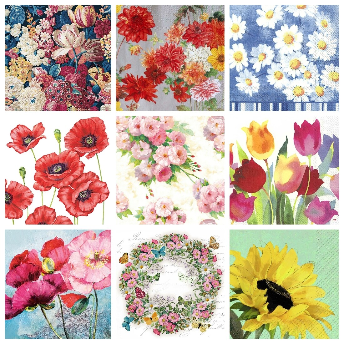 Decoupage Paper Napkins - Mixed Florals 1 (9 Sheets) Out of Stock