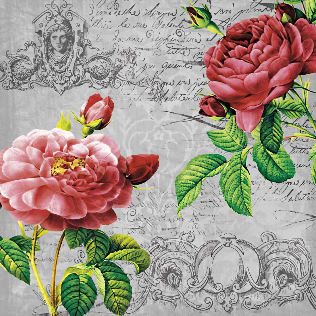 Decoupage Paper Napkins - Floral - Deux Roses Classique Grey (1 Sheet)