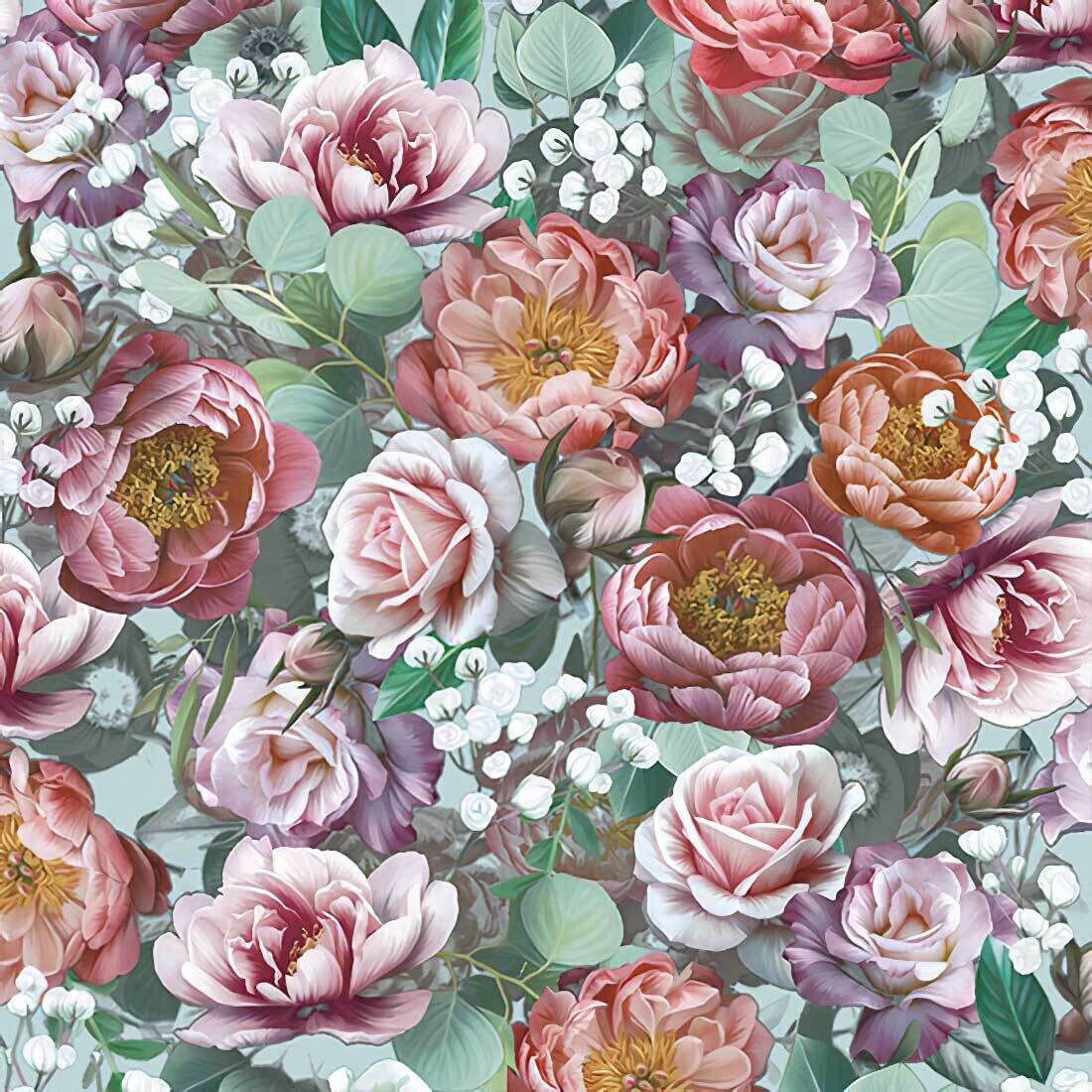 Decoupage Paper Napkins - Floral - Vintage Flowers Green (1 Sheet)