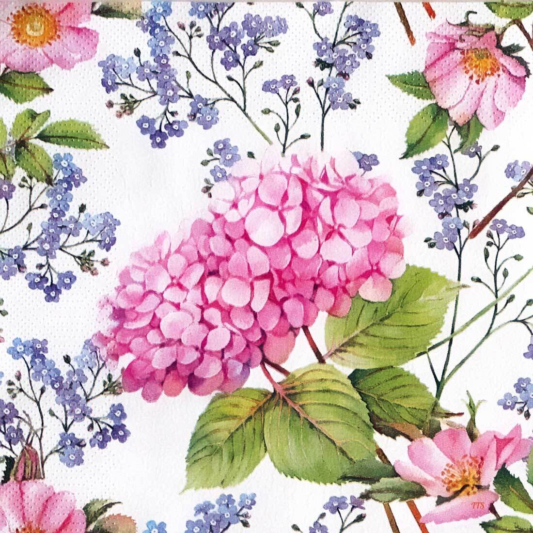 Decoupage Paper Napkins - Floral - Pink Hydrangea and Forget (1 Sheet)