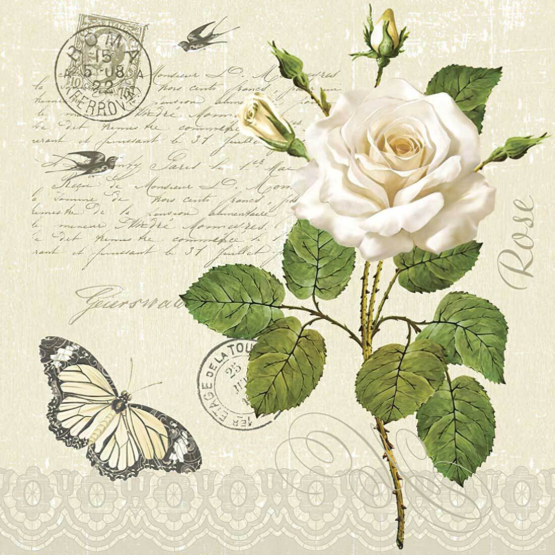 Decoupage Paper Napkins - Floral - Vintage Rose Twig with
 Butterfly Cream (1 Sheet) Out of Stock