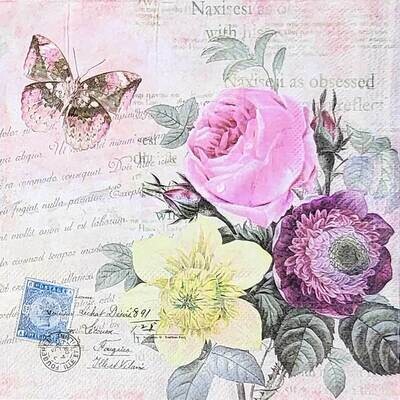 Decoupage Paper Napkins - Floral - Pastel Flowers w Butterfly(1 Sheet)