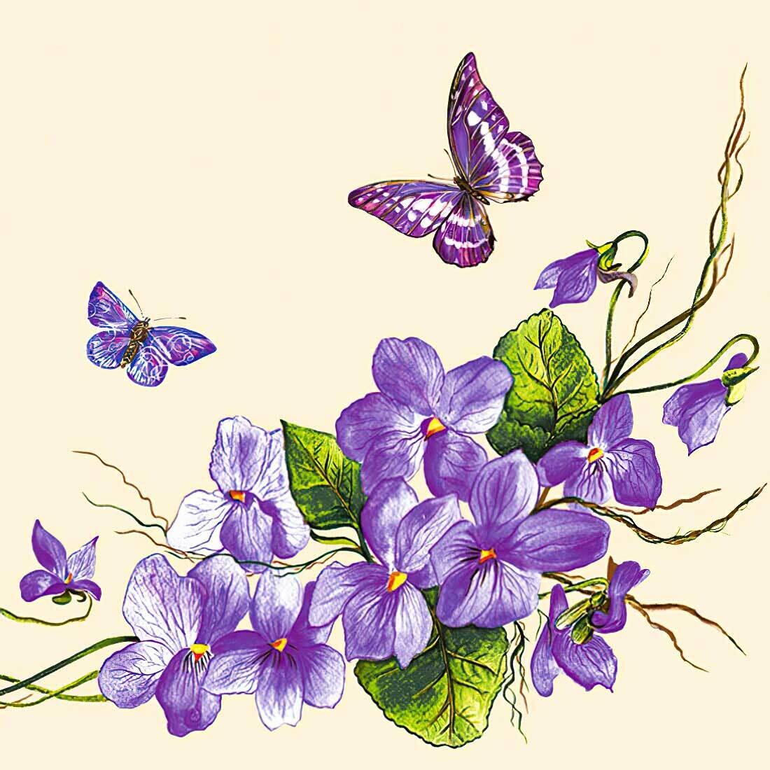 Decoupage Paper Napkins - Butterflies - Violet Flowers Cream (1 Sheet)