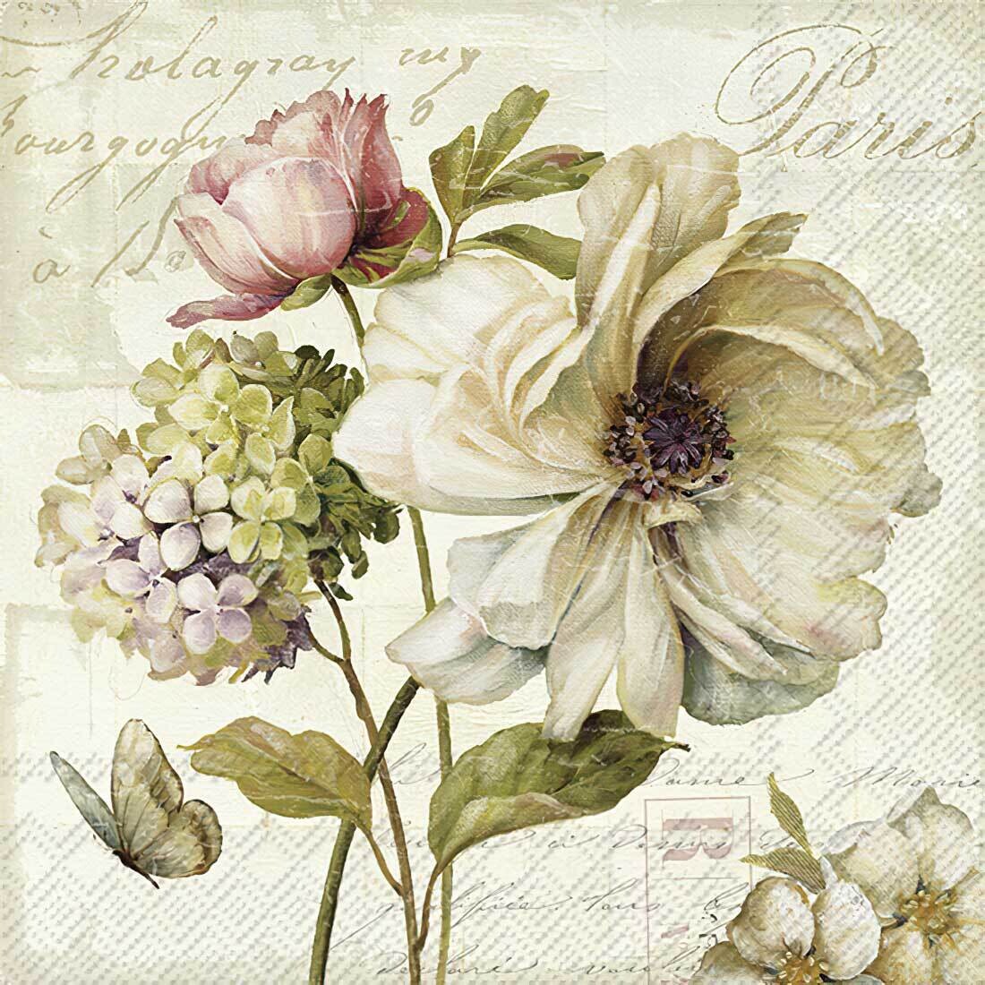 Decoupage Paper Napkins - Floral - Marche De Fls Cream
 (1 Sheet)