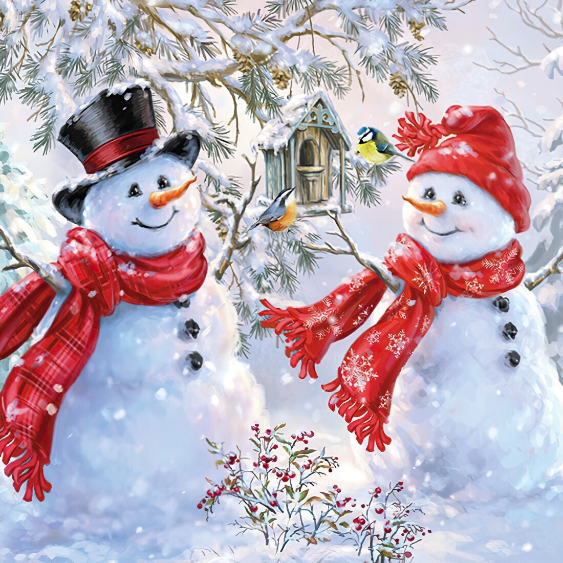 Decoupage Paper Napkins - Christmas/Xmas - Snowmen And Birds (1 Sheet)