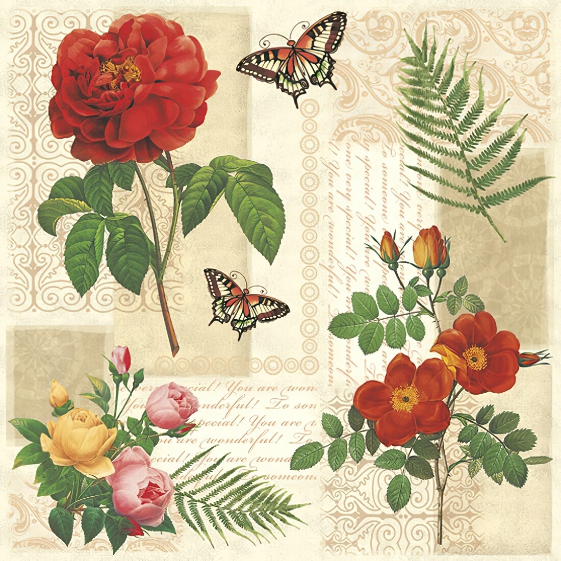 Decoupage Paper Napkins - Butterflies Flowers and Butterflies on Vintage Background (1 Sheet)