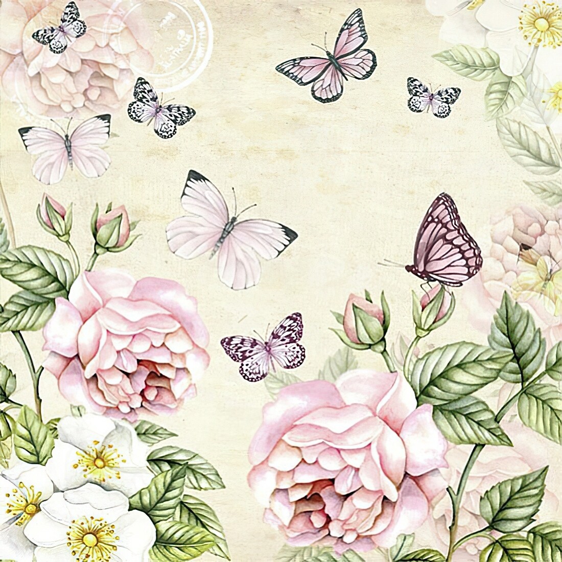 Decoupage Paper Napkins - Butterflies - Botanical Cream (1 Sheet)