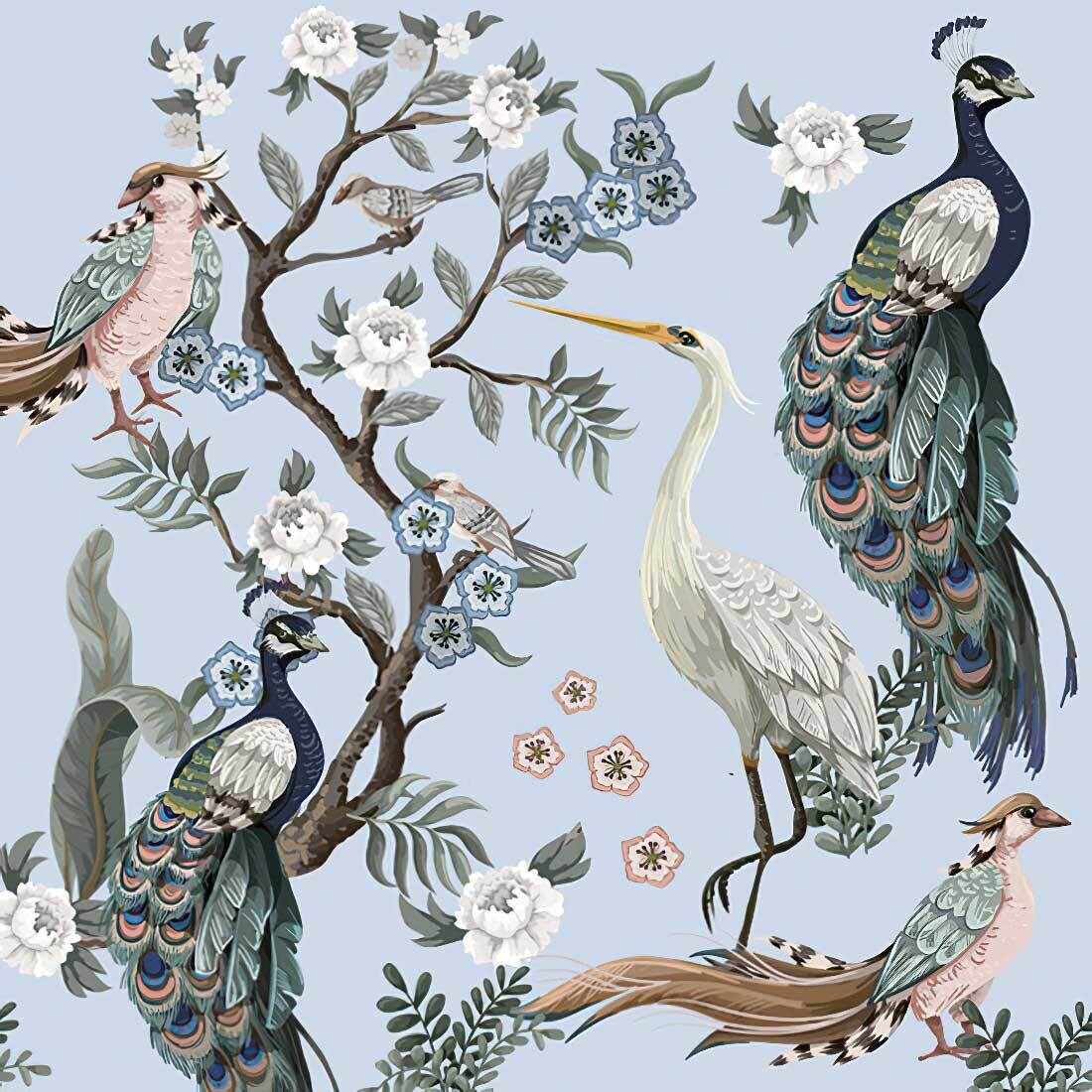 Decoupage Paper Napkins - Bird - Peacocks And Heron In Garden On Blue (1 Sheet)