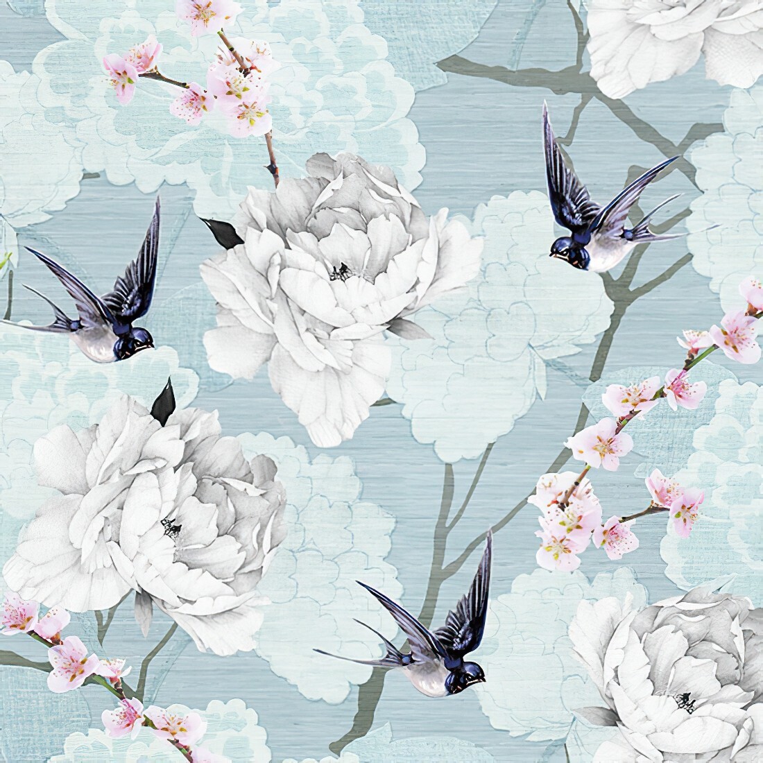 Decoupage Paper Napkins - Bird - Oriental Flowers Blue (1 Sheet)
