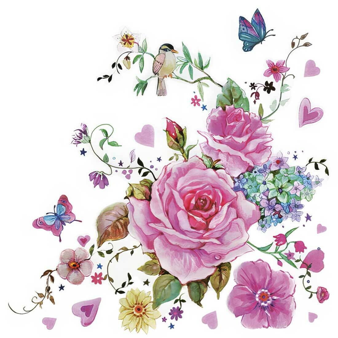 Decoupage Paper Napkins - Floral - Drawn Roses with Butterflies