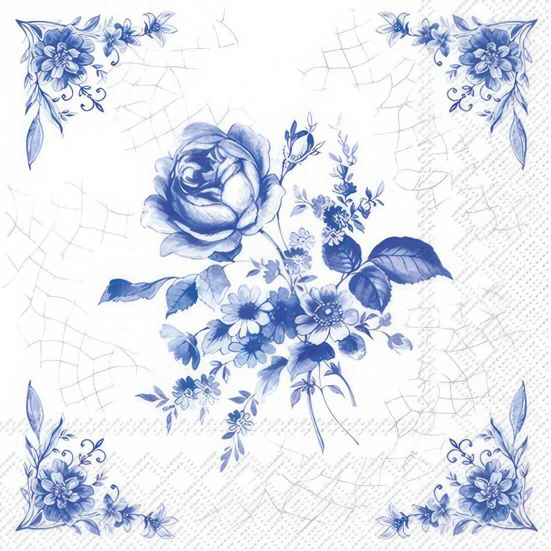 Decoupage Paper Napkins - Floral - Rose On Tile White Blue