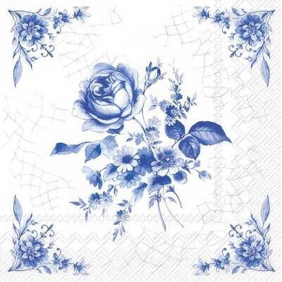 Decoupage Paper Napkins - Floral - Rose On Tile White Blue