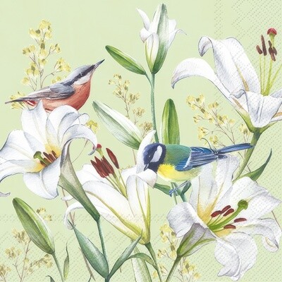 Decoupage Paper Napkins - Bird - Birds In Lilies Light Green
The Decoupage tissue paper in the image features a serene and natural scene. It showcases beautifully illustrated white lilies surrounded by lush green leaves and delicate wildflowers. Among the flowers, there are two colorful birds, one with a reddish-brown plumage and the other with a blue and yellow body. The birds add a vibrant touch to the peaceful floral composition. The overall aesthetic is elegant and charming, perfect for decorative crafts and artistic projects.