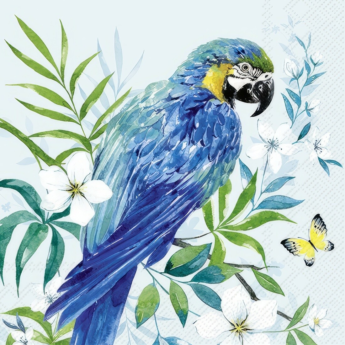 Decoupage Paper Napkins - Bird - Parrot Light Blue
The Decoupage tissue paper showcases a stunning illustration of a majestic blue and yellow macaw perched among lush tropical foliage. The bird is depicted with intricate details, capturing its vibrant plumage and expressive features. Surrounding the macaw are delicate white flowers and verdant leaves, creating a lush and exotic backdrop. A graceful butterfly flutters nearby, adding to the sense of natural beauty and tranquility. The soft blue background enhances the tropical theme of the design, making it ideal for decorative crafts and artistic projects with a tropical or wildlife-inspired theme.