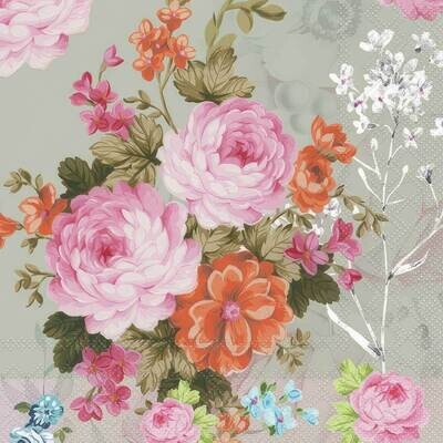 Decoupage Paper Napkins - Floral - Dakota
The Decoupage tissue paper features a lush and vibrant floral design. It showcases an array of beautifully illustrated flowers in various shades of pink, coral, and orange. The prominent blooms include large, luxurious peonies surrounded by smaller delicate flowers and foliage. The design also incorporates subtle elements like small berries and delicate branches, adding depth and intricacy to the overall composition. The soft greenish-gray background provides a gentle backdrop for the colorful and lively floral arrangement. This tissue paper design would be perfect for adding a touch of elegance and charm to various crafting projects
