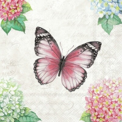 Decoupage Paper Napkins - Butterflies - Butterfly Poem
The Decoupage tissue paper features a delicate and elegant design reminiscent of a vintage botanical illustration. The focal point of the design is a beautifully rendered pink butterfly with intricate details on its wings, hovering gracefully over a backdrop of soft pastel hydrangea blooms. The background is adorned with faded handwritten script, adding a romantic and nostalgic touch to the overall composition.