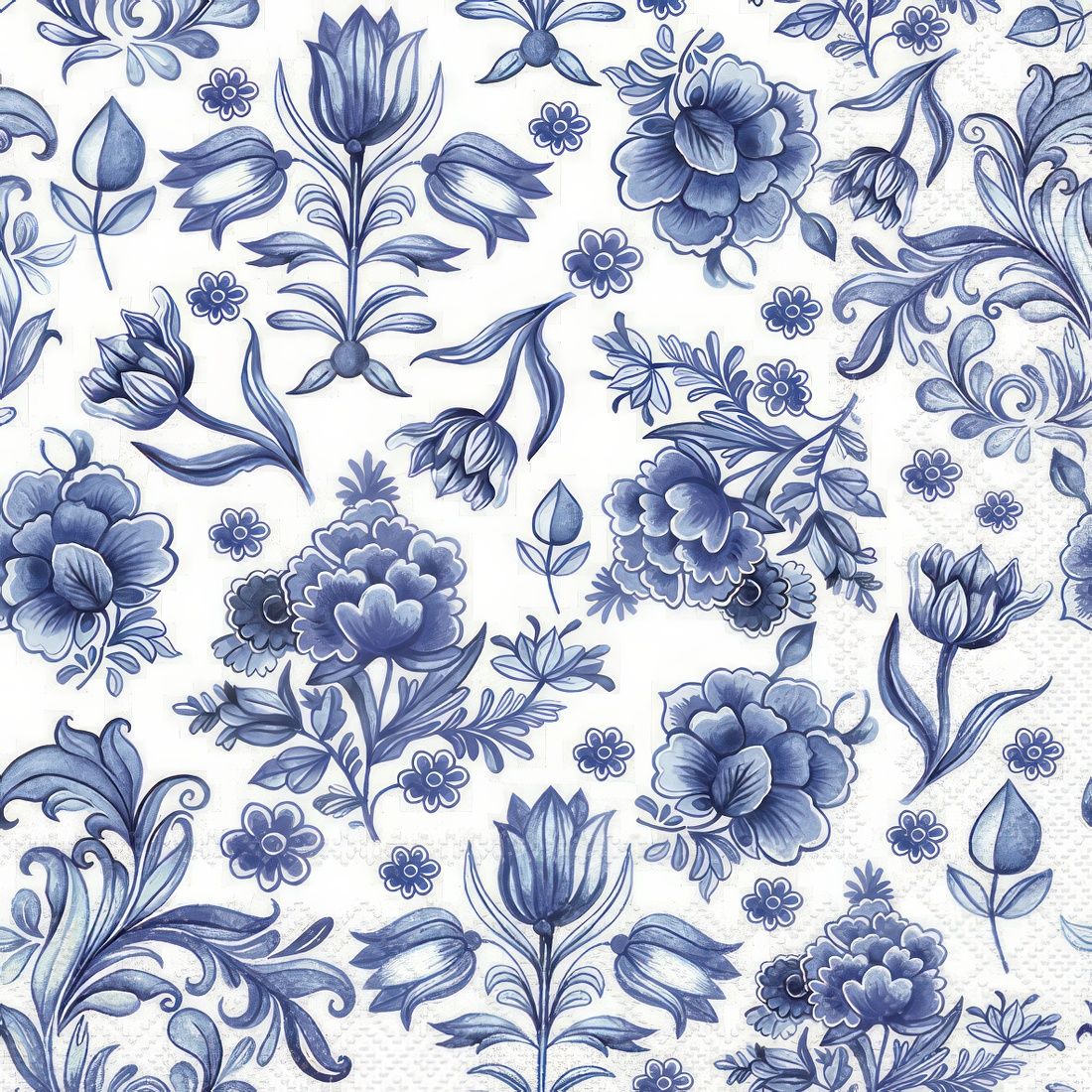Decoupage Paper Napkins - Floral - Delft Blue Flowers
This decoupage tissue paper napkin features a classic blue and white floral pattern. The design consists of intricate floral motifs including various types of flowers, leaves, and vines. The rich blue color contrasts beautifully against the crisp white background, creating a timeless and elegant look. The repetitive nature of the pattern adds a sense of continuity and harmony to the overall design. This napkin would be perfect for decoupage projects, adding a touch of traditional charm to any craft or table setting.