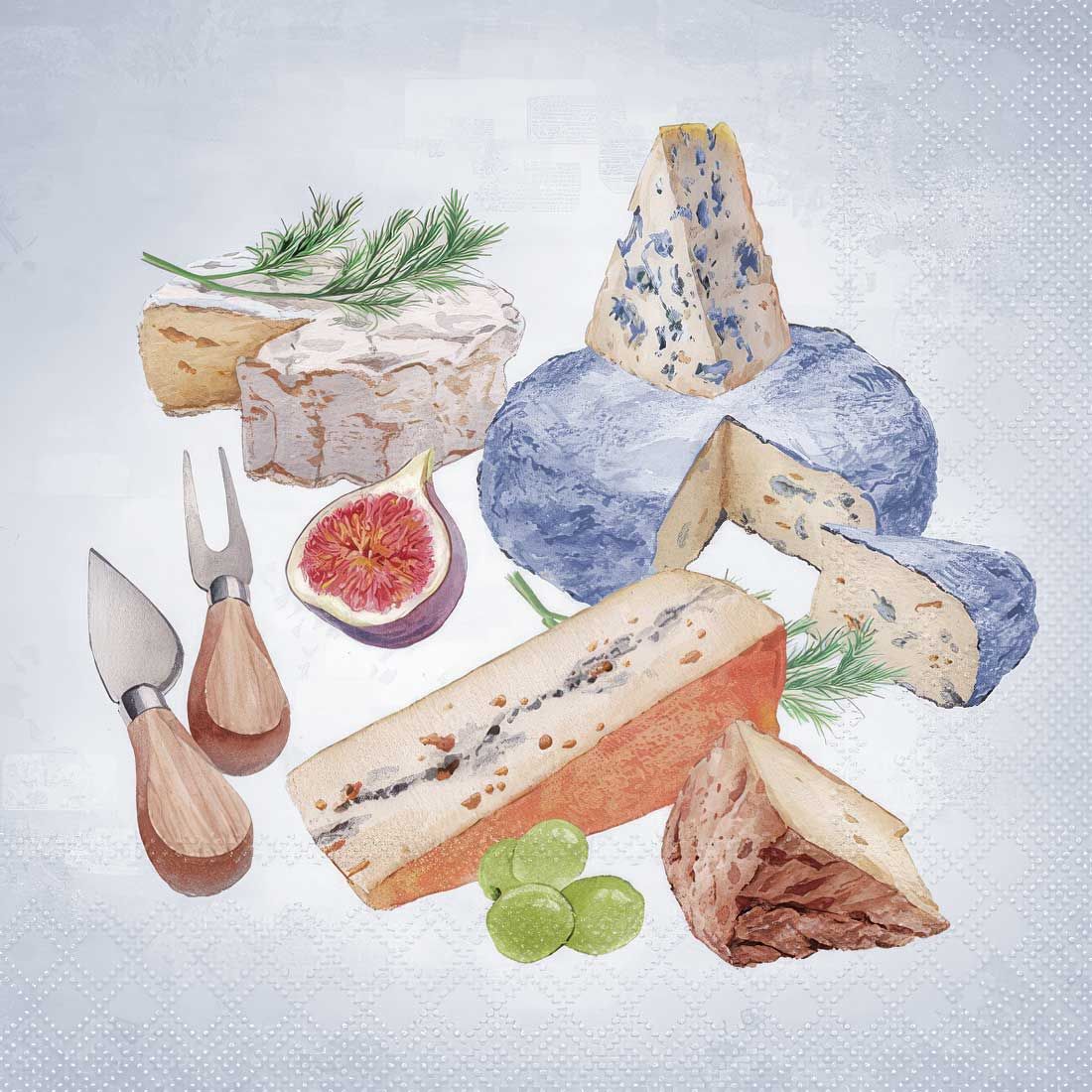 Decoupage Paper Napkins - Food &amp; Drinks - Fromages

This decoupage paper napkin features an assortment of delectable cheeses beautifully arranged alongside grapes, figs, bread, and utensils. The cheeses include a variety of textures and flavors, such as soft and creamy, semi-hard, and blue cheese. The napkin exudes an elegant and inviting ambiance, perfect for adding a touch of sophistication to any dining experience or decor setting.