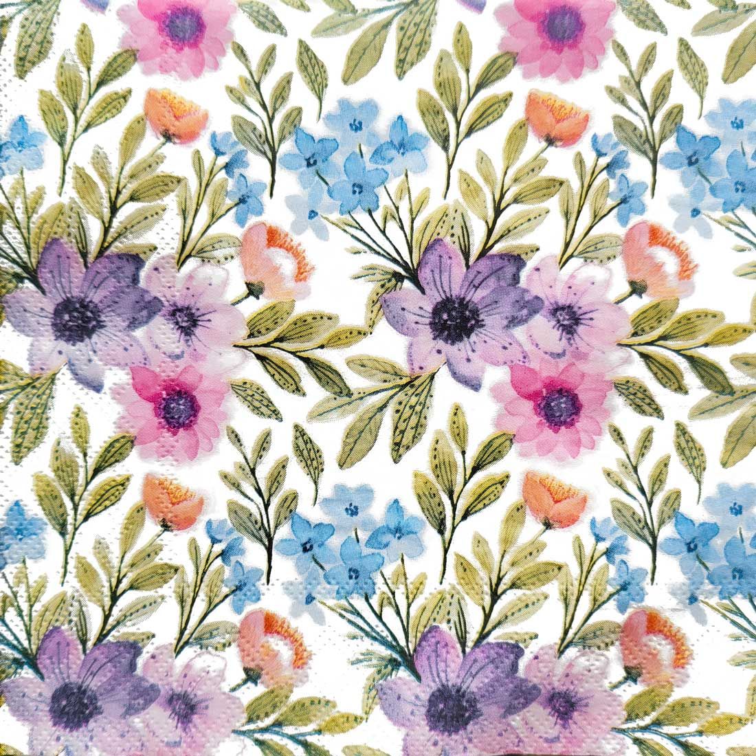 Decoupage Paper Napkins - Floral - Tender Flowers
This decoupage paper napkin features a charming and whimsical floral pattern. Delicate pink, purple, and blue blossoms with varying shades of green leaves create a lively and fresh design against a crisp white background. The watercolor-inspired brushstrokes add a soft and artistic touch to the overall composition, making this napkin perfect for adding a cheerful and decorative element to any decoupage project.